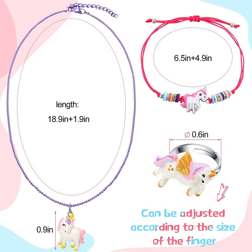 NEW 24 Pcs Little Girl Jewelry Kids Unicorn Necklace Cute Woven Bracelet, Ring - Picture 5 of 5